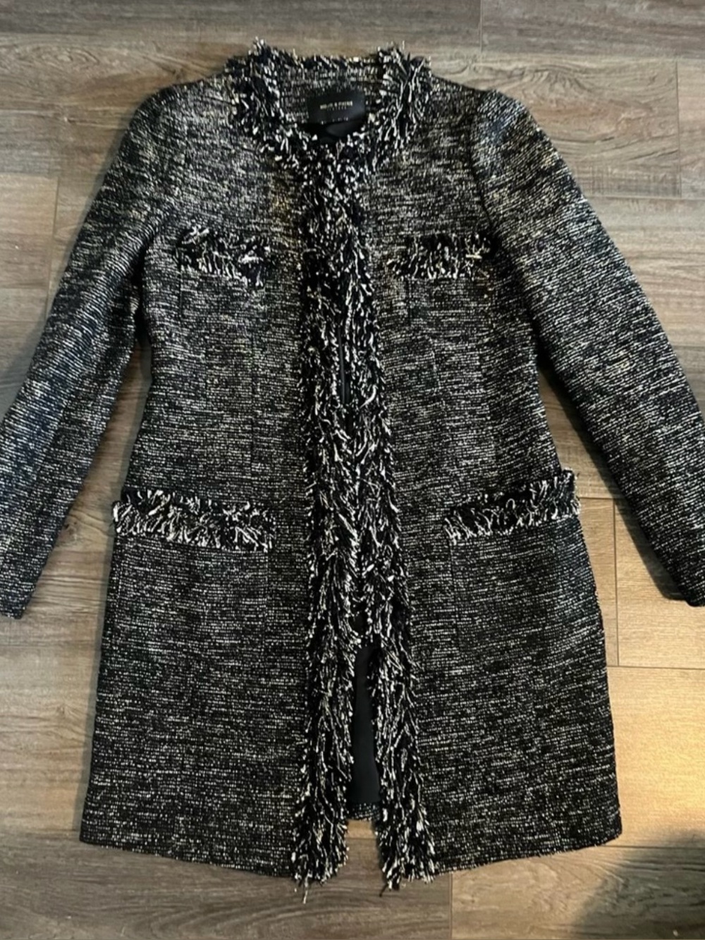 Women’s Black & White Tweed Fringe-Trim Long Coat